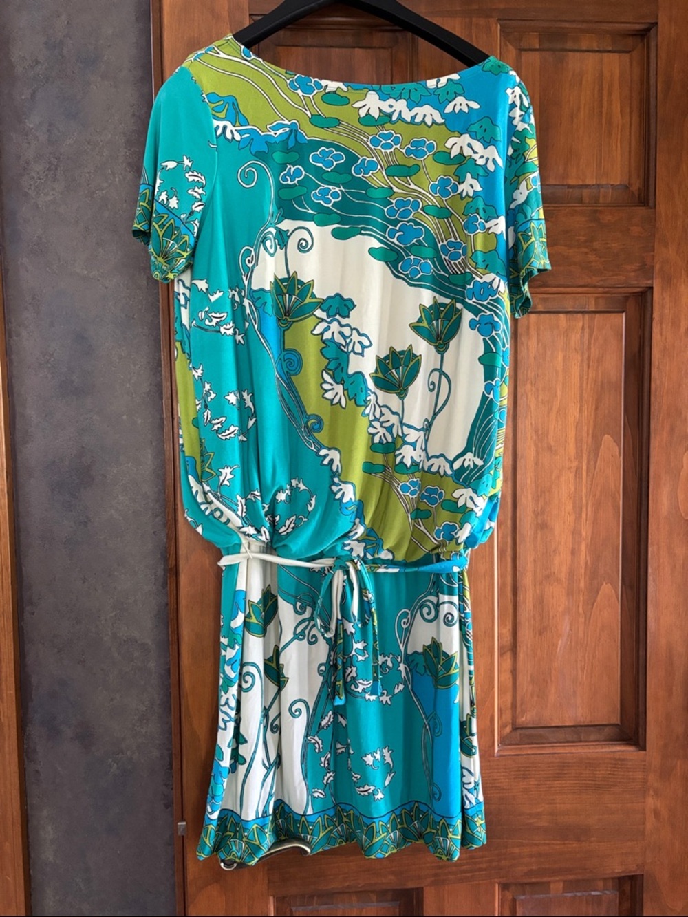 dressbarn Teal Floral Tie-Waist Dress with Green Accents